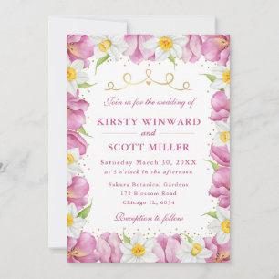 Watercolor Pink Tulips and Daffodils Wedding Invitation