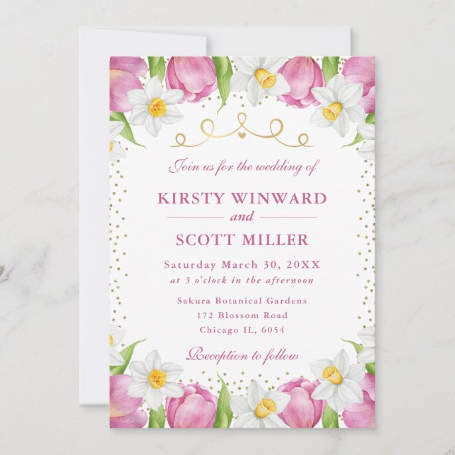 Watercolor Pink Tulips and Daffodils Wedding Invitation (Front)