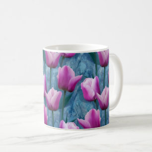 Watercolor Pink Tulips & Blue Stucco Coffee Mug