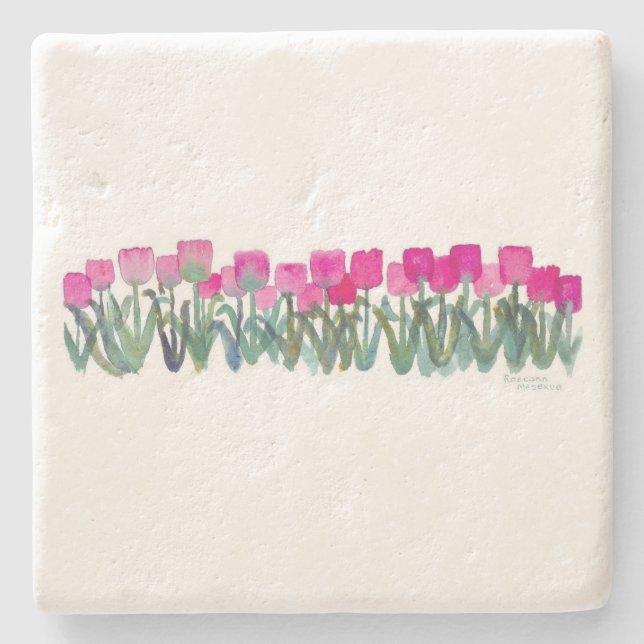 Watercolor Pink Tulips Limestone Coaster (Front)