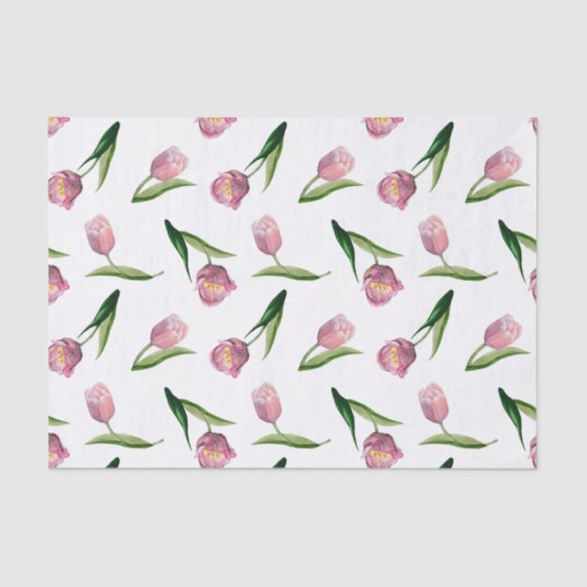 Watercolor Pink Tulips Seamless Pattern Tissue Paper (Front)