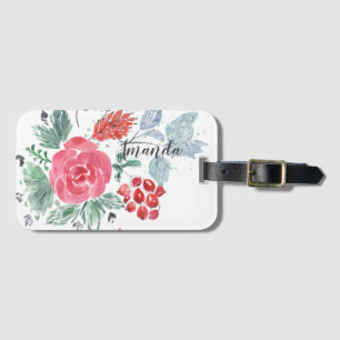 Watercolor pink turquoise bouquet personalised luggage tag