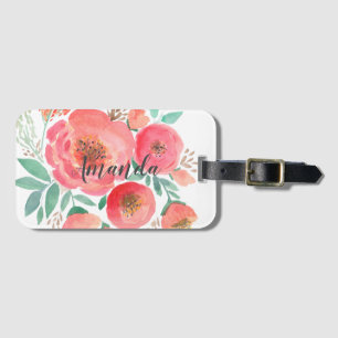 Watercolor pink turquoise bouquet personalised luggage tag