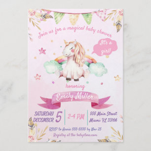 Watercolor Pink Unicorn Baby Shower Invitation