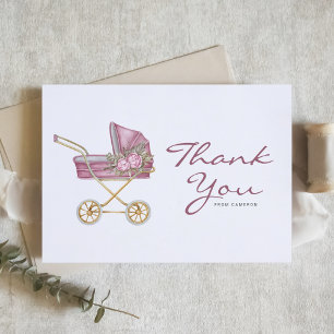 Watercolor Pink Vintage Stroller Baby Shower Thank You Card