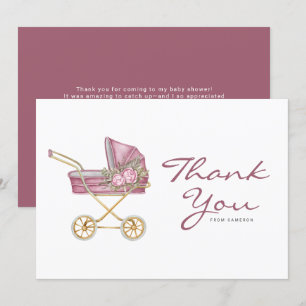 Watercolor Pink Vintage Stroller Baby Shower Thank You Card
