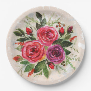 Watercolor pink violet purple roses flowers floral paper plate