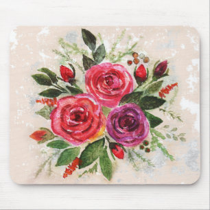 Watercolor pink violet roses flowers floral leaves mouse mat