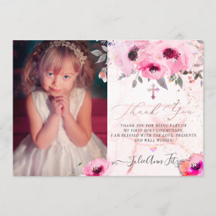 Watercolor Pink Water Roses Communion Thank You Invitation
