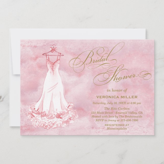 Watercolor Pink Wedding Gown Bridal Shower Invite (Front)