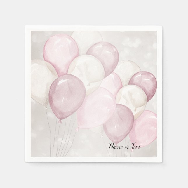 Watercolor Pink White Balloons Party Napkin (Front)