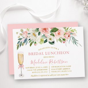 Watercolor Pink White Floral Bridal Lunch Gold  Invitation