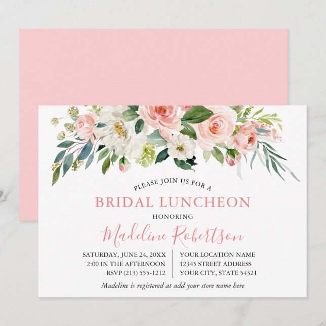 Watercolor Pink White Floral Bridal Shower Lunch Invitation (Front/Back)