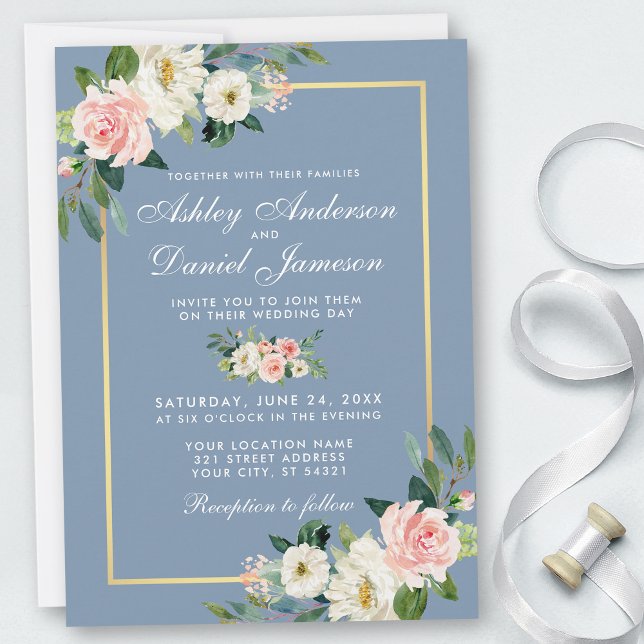 Watercolor Pink White Floral Dusty Blue Wedding Invitation (Customize to change text size, style, background color or add more text or photos to back of card.)