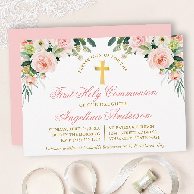 Watercolor Pink White Floral First Communion Gold Invitation (Customize to change text color, size, style or to change color of back of card.)
