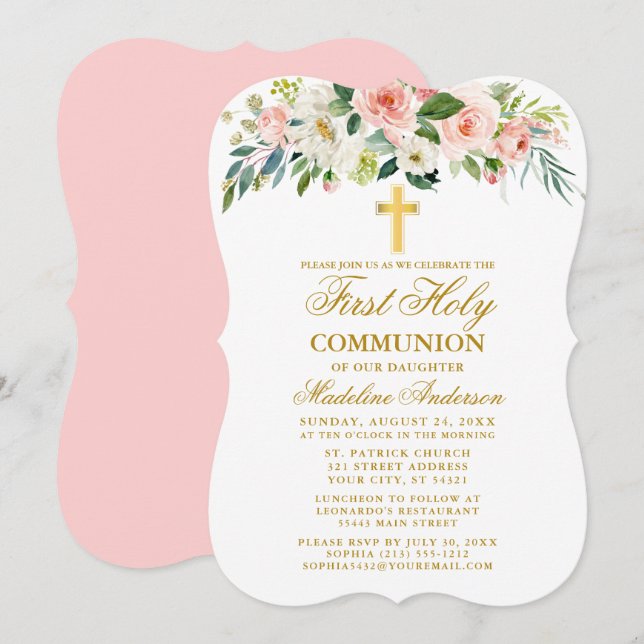 Watercolor Pink White Floral First Communion Gold  Invitation (Front/Back)