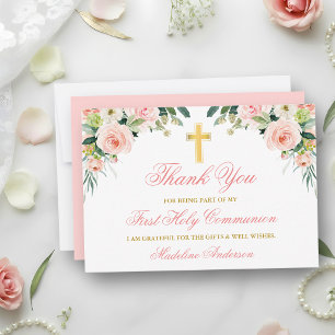 Watercolor Pink White Floral Gold Communion Thank You Card