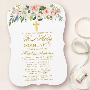 Watercolor Pink White Floral Gold First Communion Invitation
