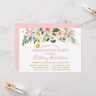 Watercolor Pink White Floral Gold Graduation Party Invitation