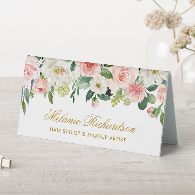 Watercolor Pink White Floral Gold Name Sign (In SItu (Table))