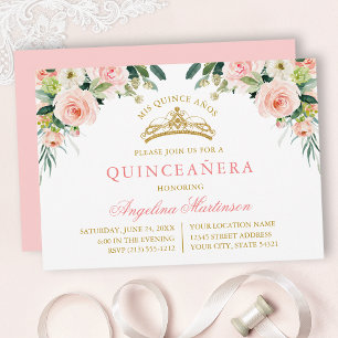 Watercolor Pink White Floral Gold Quinceanera Invitation