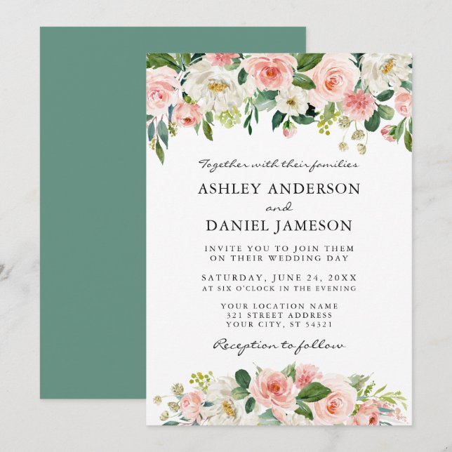Watercolor Pink White Floral Greenery Wedding Invitation (Front/Back)