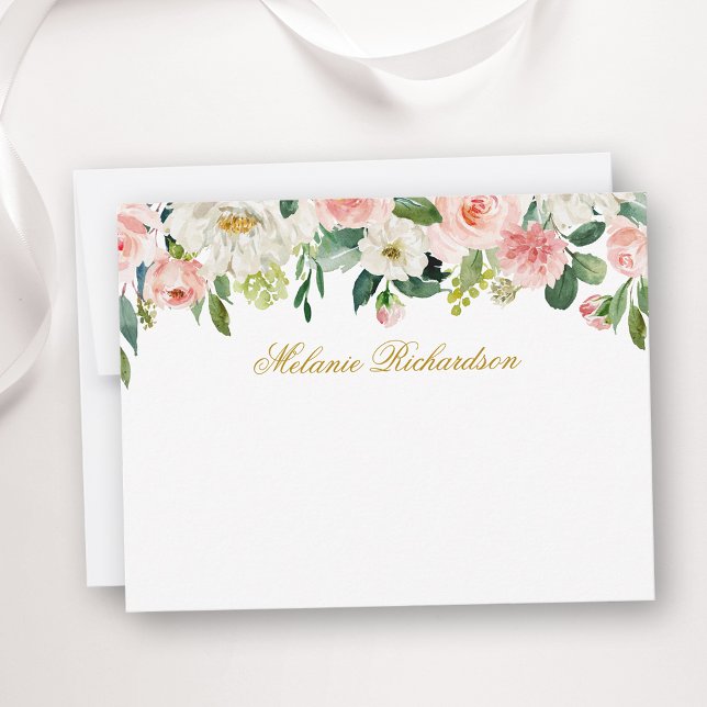 Watercolor Pink White Floral Personalised Gold Card (Customize to change text size, color, style or to add more text to front or back of card.)
