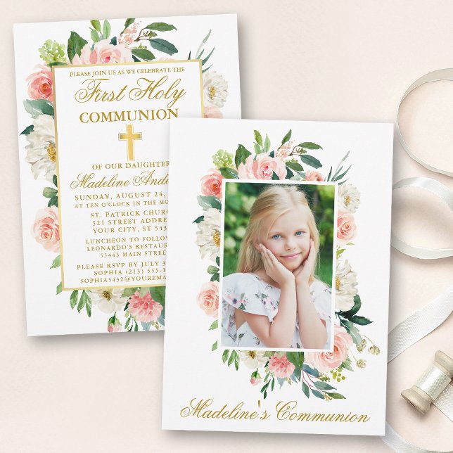 Watercolor Pink White Floral Photo Communion Invitation (Customize to change text color, style or text size.)
