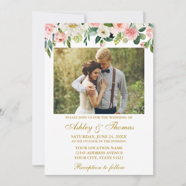 Watercolor Pink White Floral Photo Wedding Gold Invitation (Front)