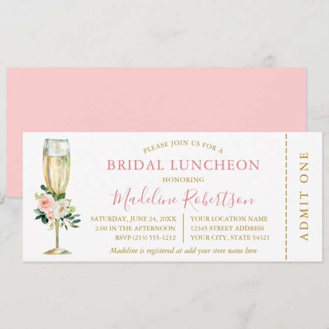Watercolor Pink White Floral Ticket Bridal Lunch Invitation (Front/Back)