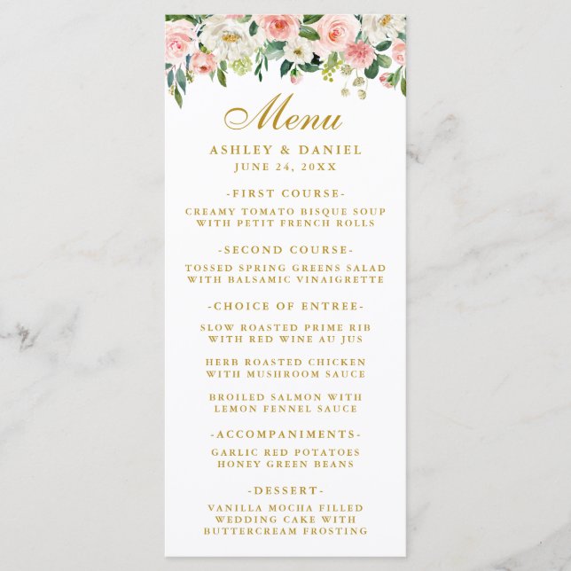 Watercolor Pink White Floral Wedding Gold Menu (Front)