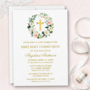 Watercolor Pink White Floral Wreath Gold Communion Invitation