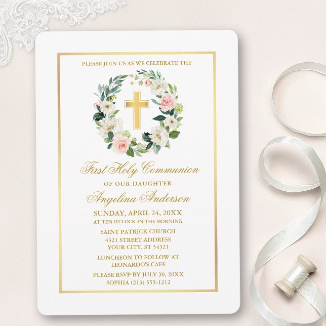 Watercolor Pink White Floral Wreath Gold Communion Invitation (Customize to change text color, size, style or to add photos or more text to back of card.)