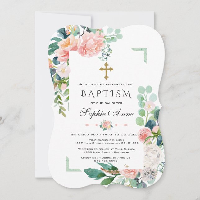 Watercolor Pink White Flowers Green Frame Baptism Invitation (Front)