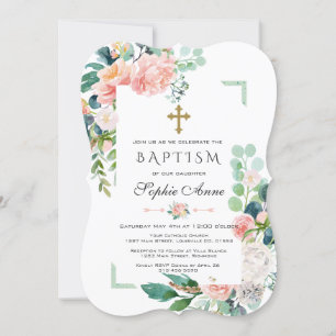 Watercolor Pink White Flowers Green Frame Baptism Invitation