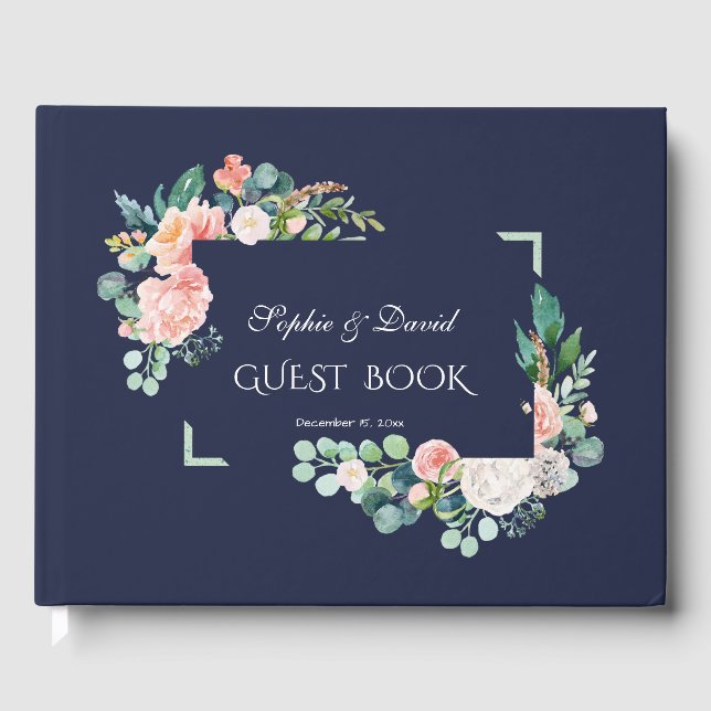 Watercolor Pink White Flowers Green Frame Wedding Guest Book (Front)