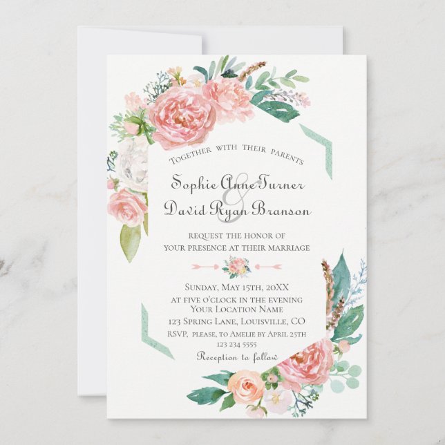 Watercolor Pink White Flowers Green Frame Wedding Invitation (Front)