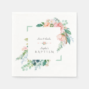 Watercolor Pink White Flowers Green Frame Wedding Napkin