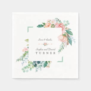 Watercolor Pink White Flowers Green Frame Wedding Napkin