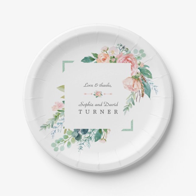 Watercolor Pink White Flowers Green Frame Wedding Paper Plate (Front)