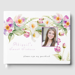 Watercolor Pink White Flowers Sweet Sixteen  Guest Book