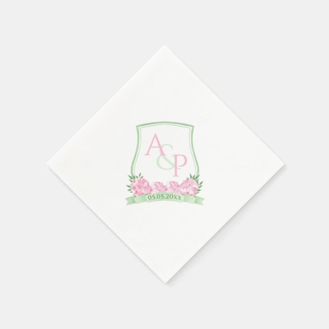 Watercolor Pink White Green Floral Couples Crest Napkin (Corner)