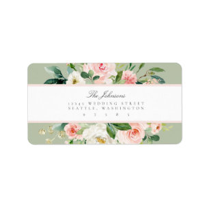 Watercolor Pink White Green Floral Return Address Label