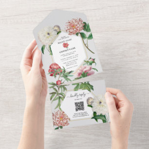 Watercolor Pink White Peonies Flowers Wedding All In One Invitation