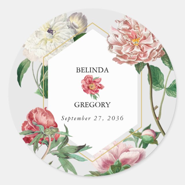 Watercolor Pink White Peonies Flowers Wedding Classic Round Sticker (Front)