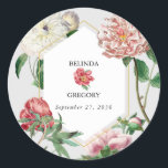 Watercolor Pink White Peonies Flowers Wedding Classic Round Sticker<br><div class="desc">A beautiful watercolor pink and white peonies flower wedding design with gold geometric frame. A unique design that uses vintage botanical peony florals in pink and white colour tones. An elegant pink and white peonies floral design with a dash of greenery. A chic gold geometric frame wedding sticker design with...</div>