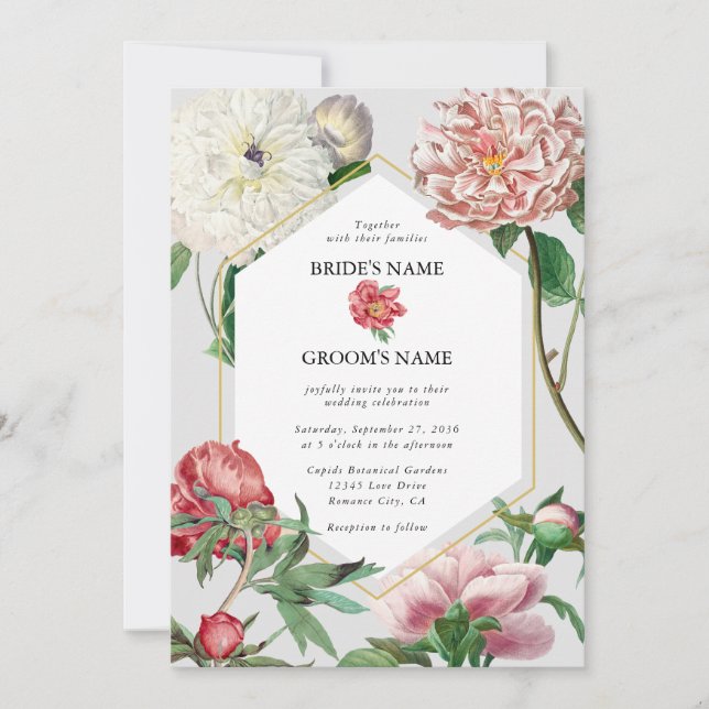 Watercolor Pink White Peonies Flowers Wedding Invitation (Front)
