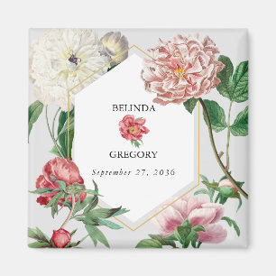 Watercolor Pink White Peonies Flowers Wedding Magnet