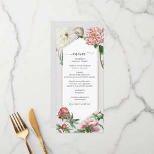 Watercolor Pink White Peonies Flowers Wedding Menu