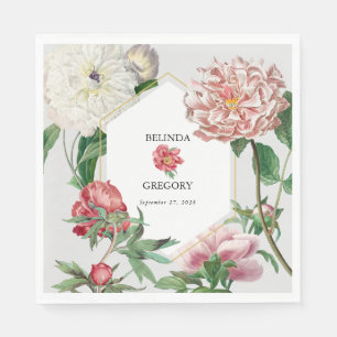 Watercolor Pink White Peonies Flowers Wedding Napkin